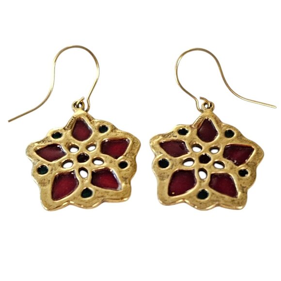 MMA Plique-A-Jour Style French Hook Poinsettia Earrings, Signed L514 - Picture 6 of 11